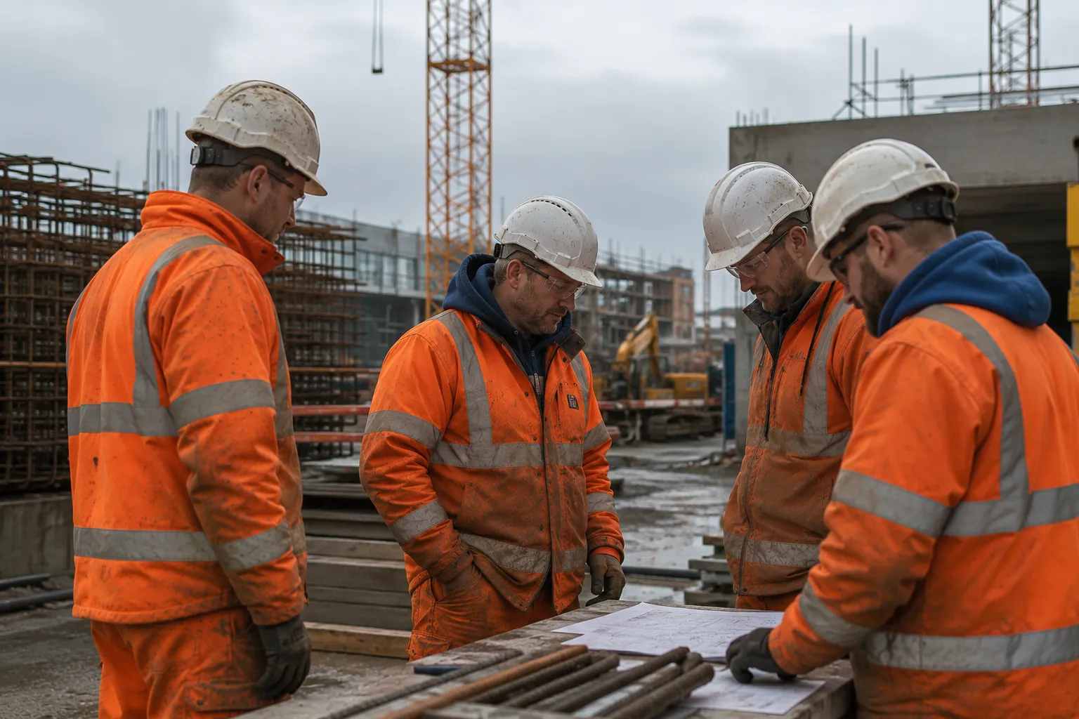 Four contractors in orange high-visibility jackets and white hard hats reviewing plans together on an active building site