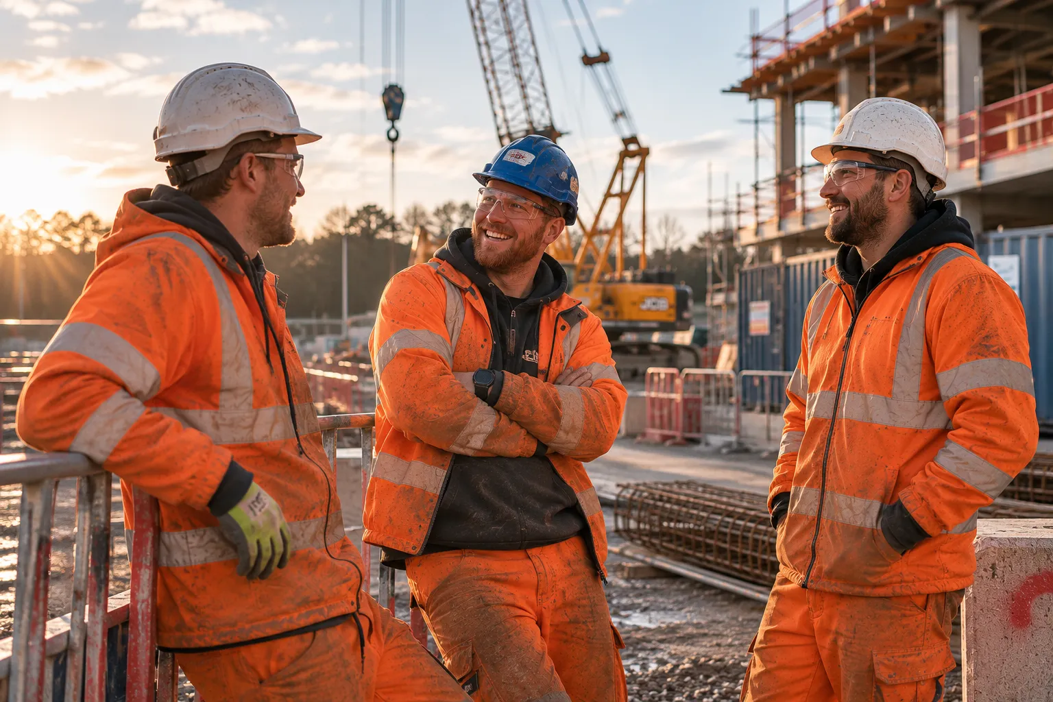 Contractors talking together on a construction site at sunset