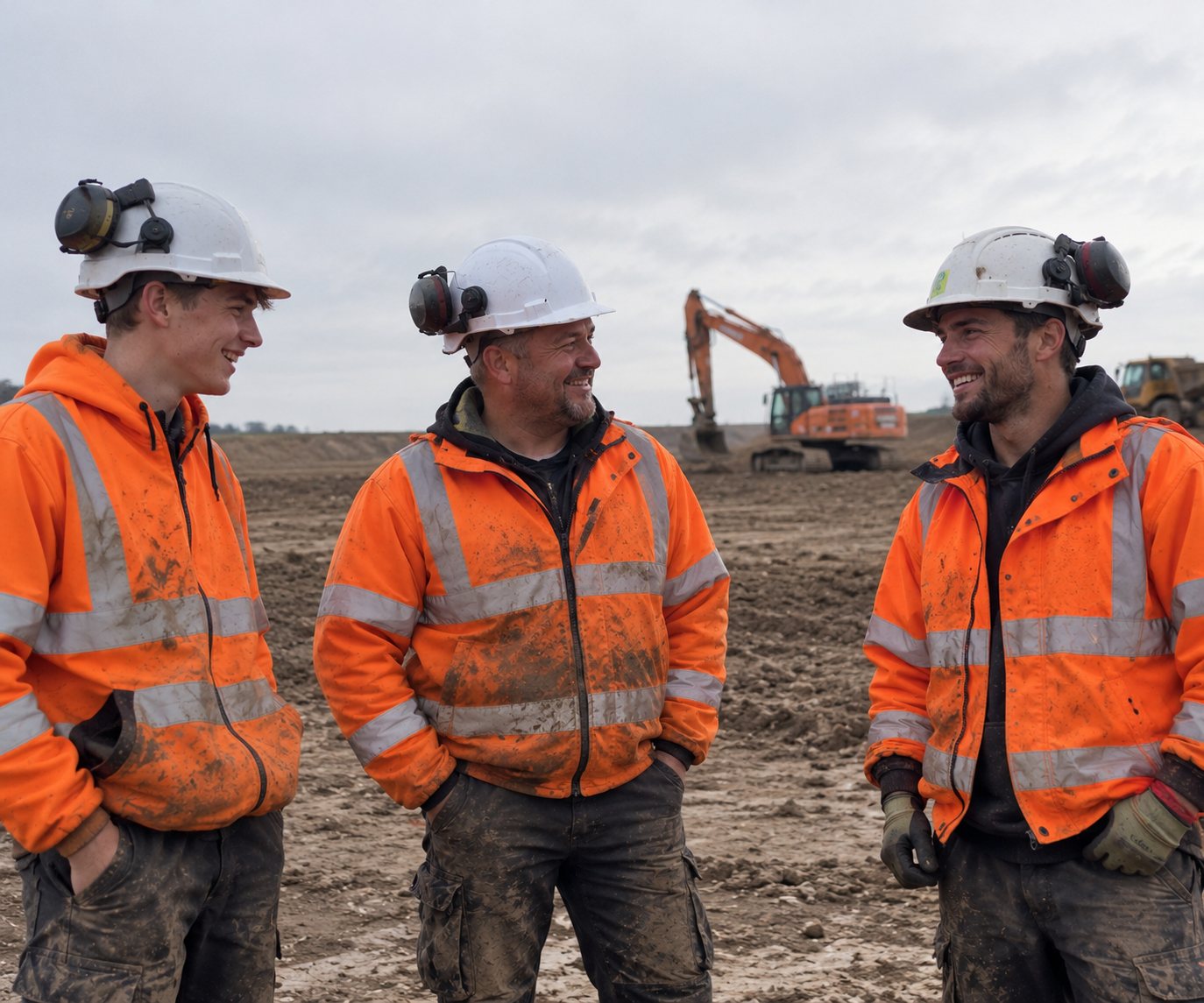 Construction crew in hi-vis on site near Saxmundham, Suffolk